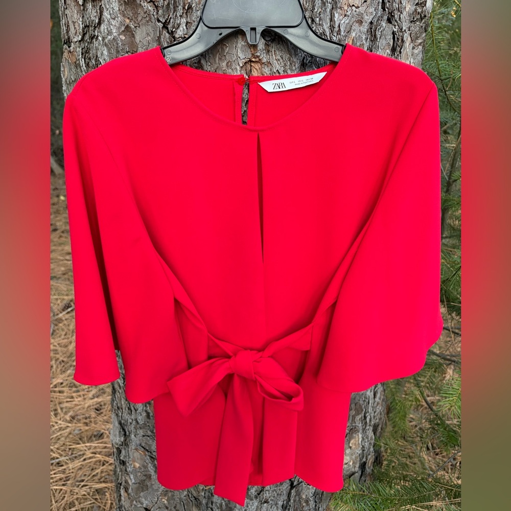 Zara Red Bell Sleeve Blouse with Tie Front
